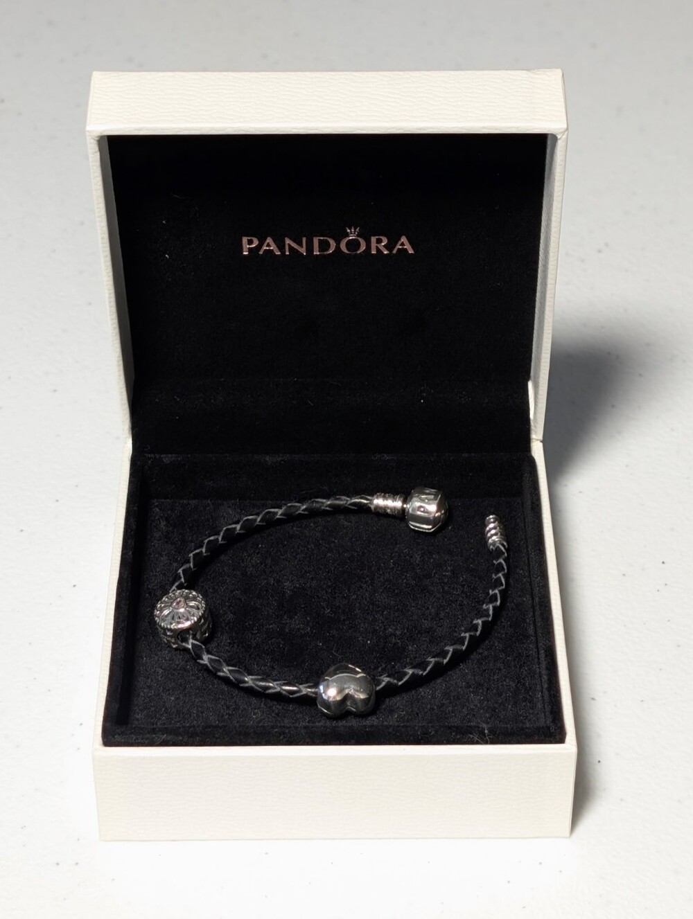 Pandora Black Braided Leather Bracelet & Silver Friendship Charm w/ 🩷 CZ Stone